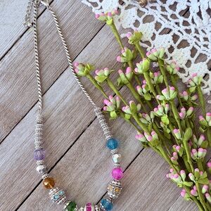 Multicolor Silver Tone Beaded Necklace pink blue purple